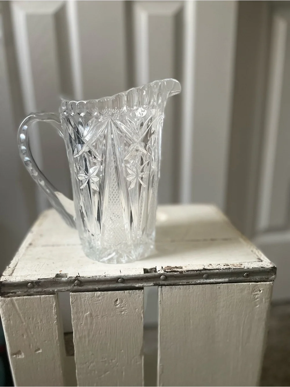 Vintage Glass Lead Crystal Water Pitcher Vase with Etched Flowers
